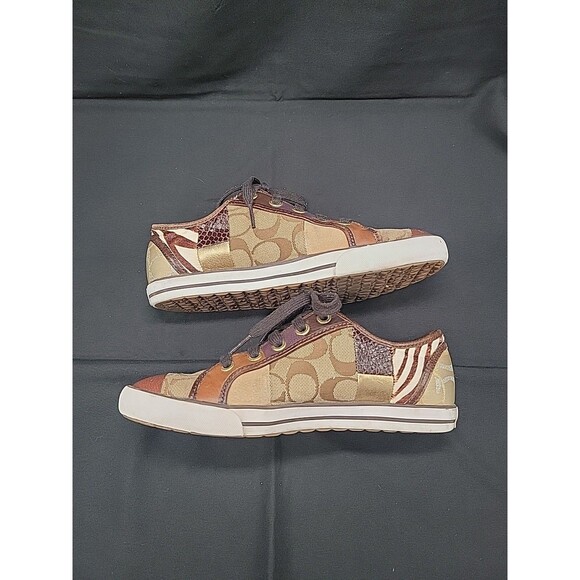 Signature Coach Dawnell Patchwork Leather Suede Lace Up Sneakers Size 7.5M Brown - Picture 4 of 13